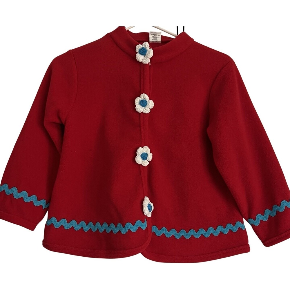 Chez Ami Patsy Aiken Girls Red Fleece Jacket Size 7 Crochet Flower Rickrack Trim
